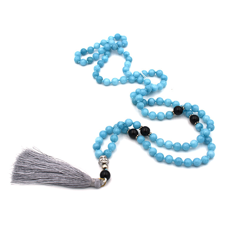 Mala tibetano in Quarzo Azzurro e Ossidiana Nera